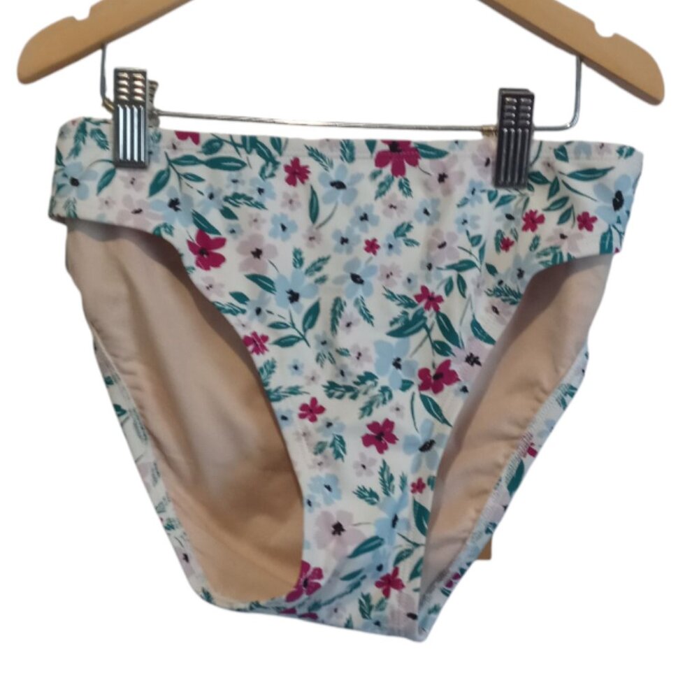 Kona Sol White Floral Tropical Hipster Bikini Bottom Medium Coverage Large 12-14